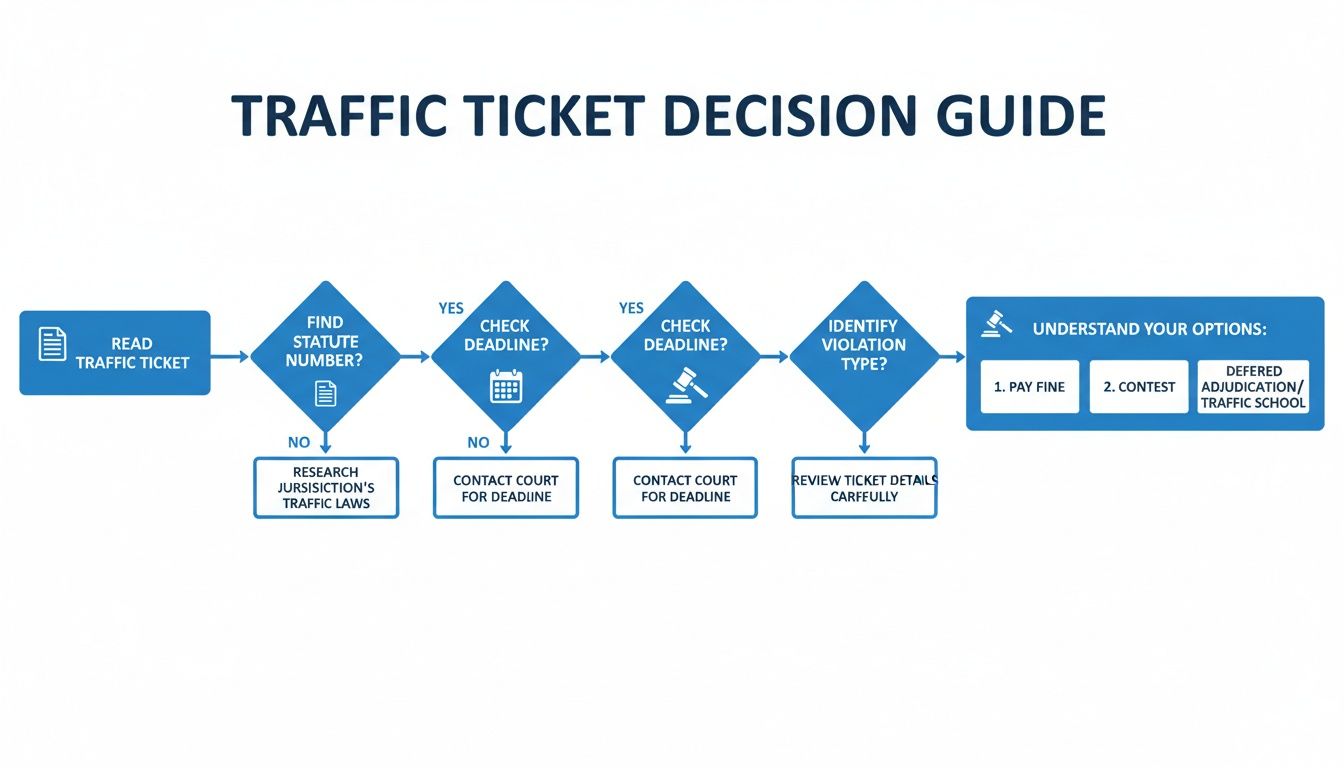 A detailed flowchart titled 'TRAFFIC TICKET DECISION GUIDE' outlining steps from receiving a ticket to available options.