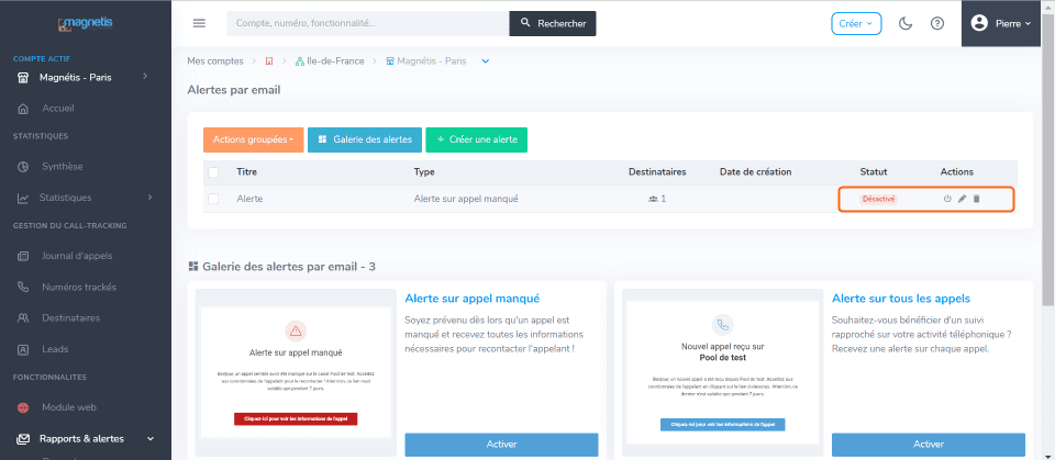 Liste des alertes email