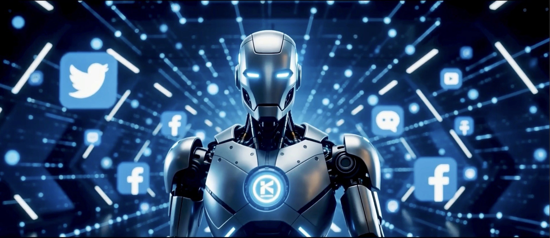 Silver robot with the KAI emblem in a digital network