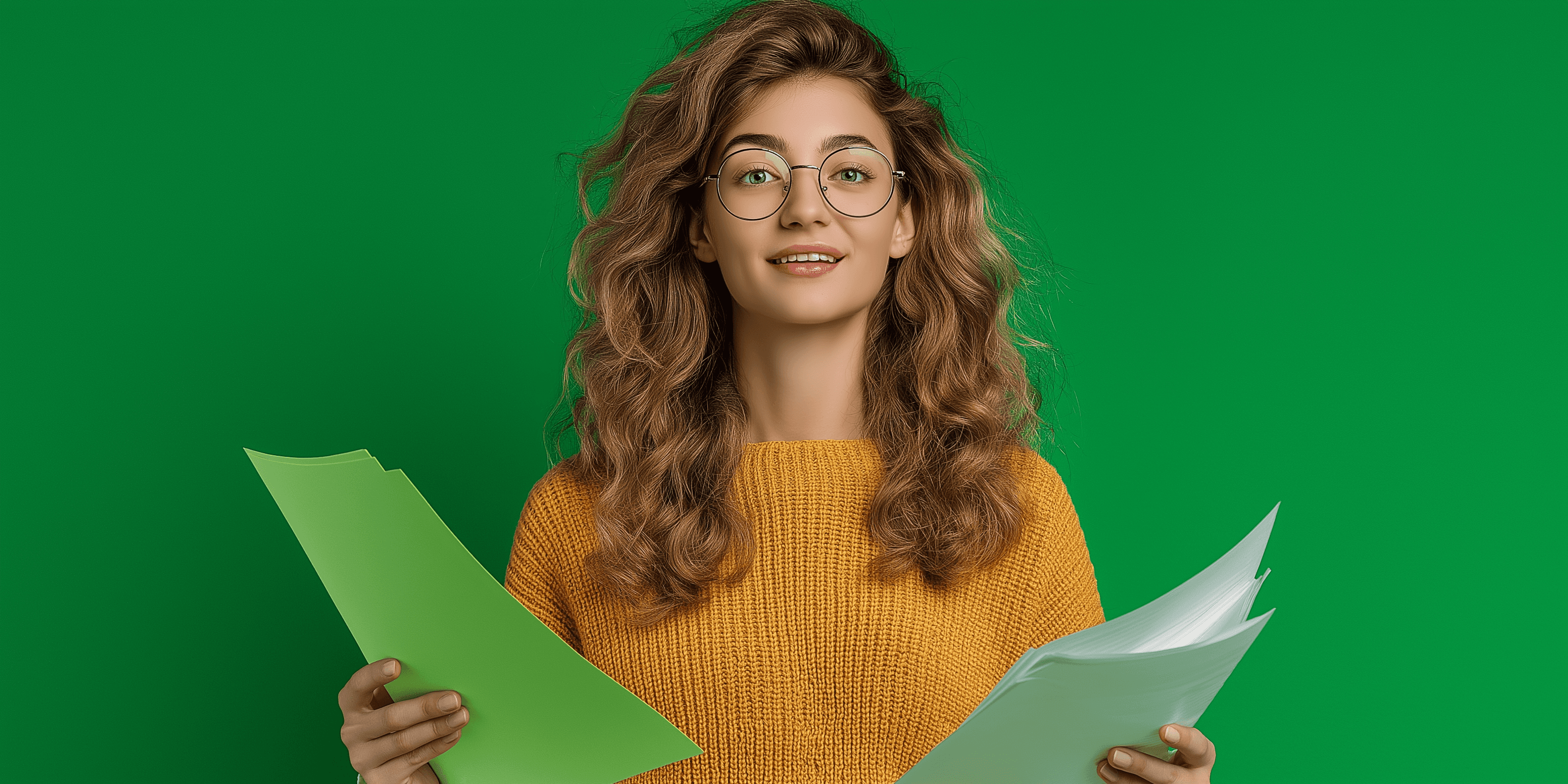 Smiling woman in glasses holding green documents on a green background