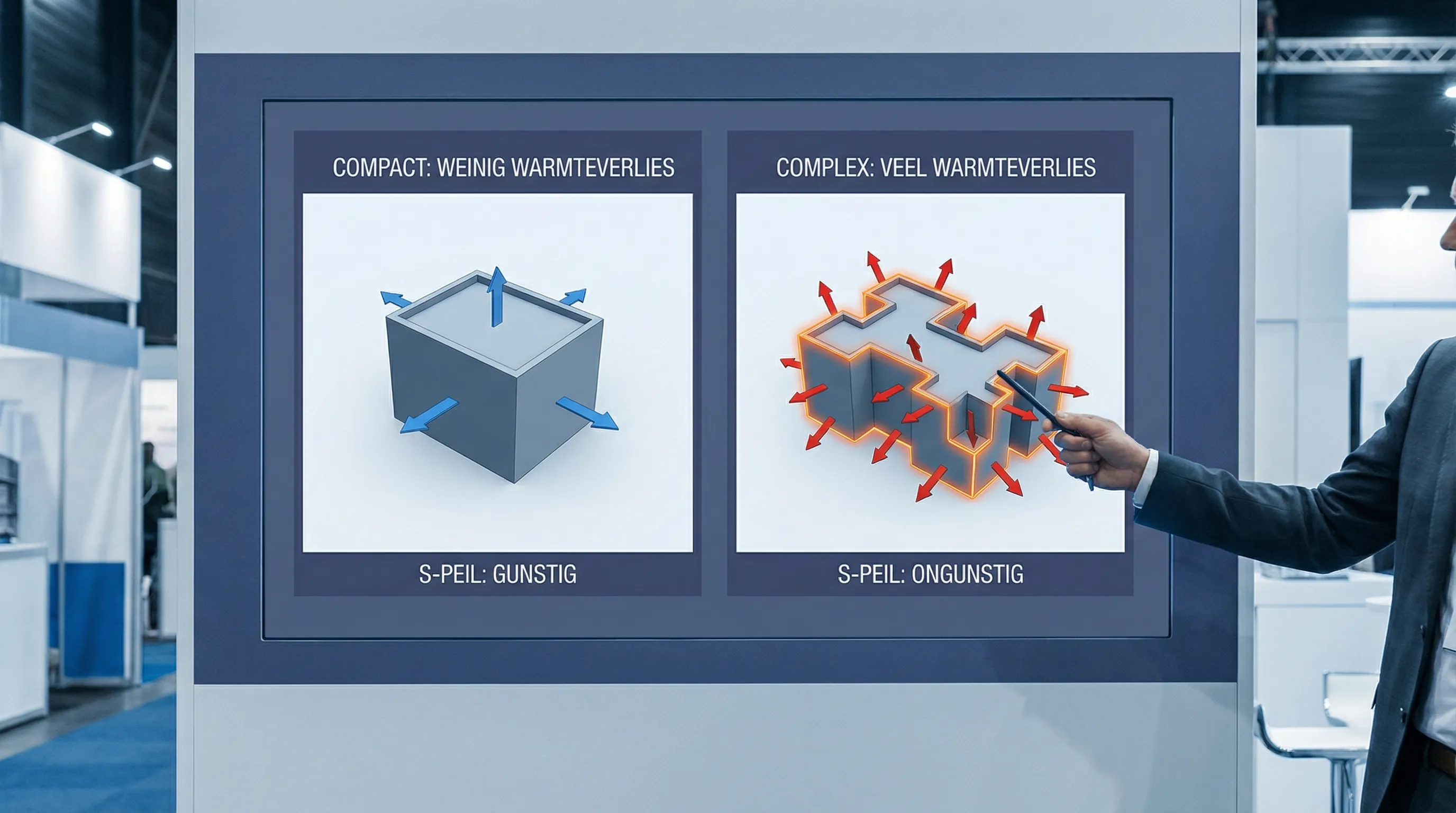 Illustratie van een compacte woningvorm versus een complexe woningvorm met veel hoeken, met aanduiding van warmteverlies via de gebouwschil en het effect op S-peil.