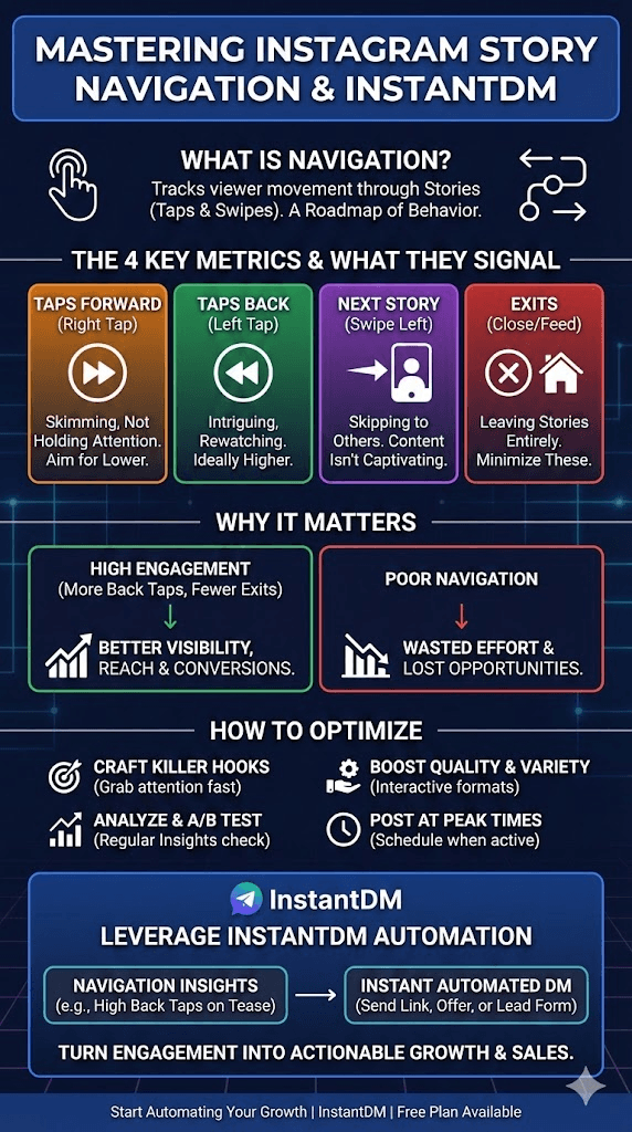 An essential guide to understanding Instagram navigation. Taps Forward, Back, Next Story, and Exits and how to use InstantDM to turn those insights into growth.