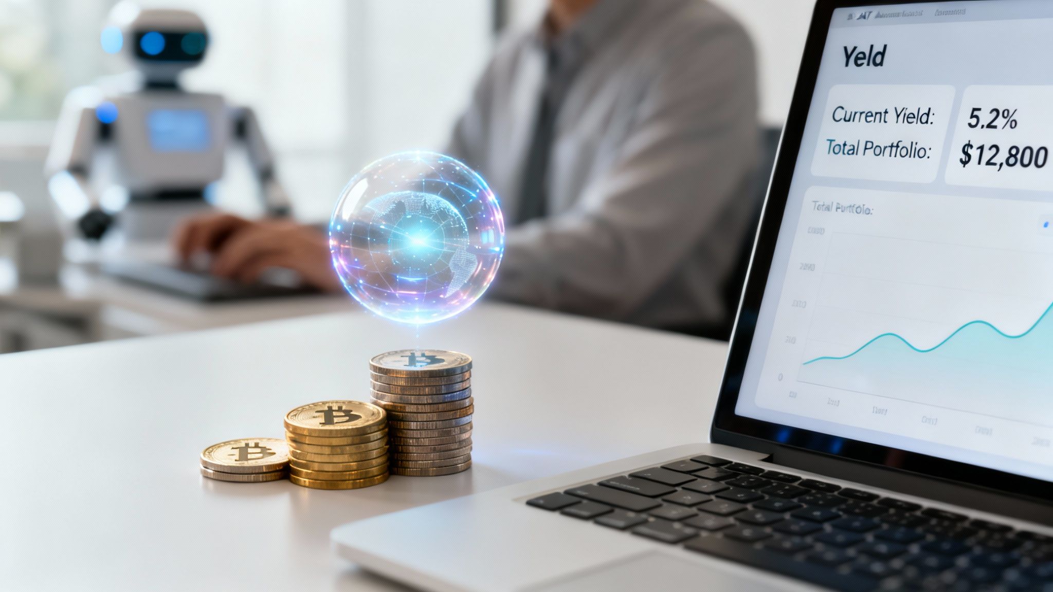 A laptop displaying a financial dashboard, stacks of Bitcoin coins, and a glowing digital globe.