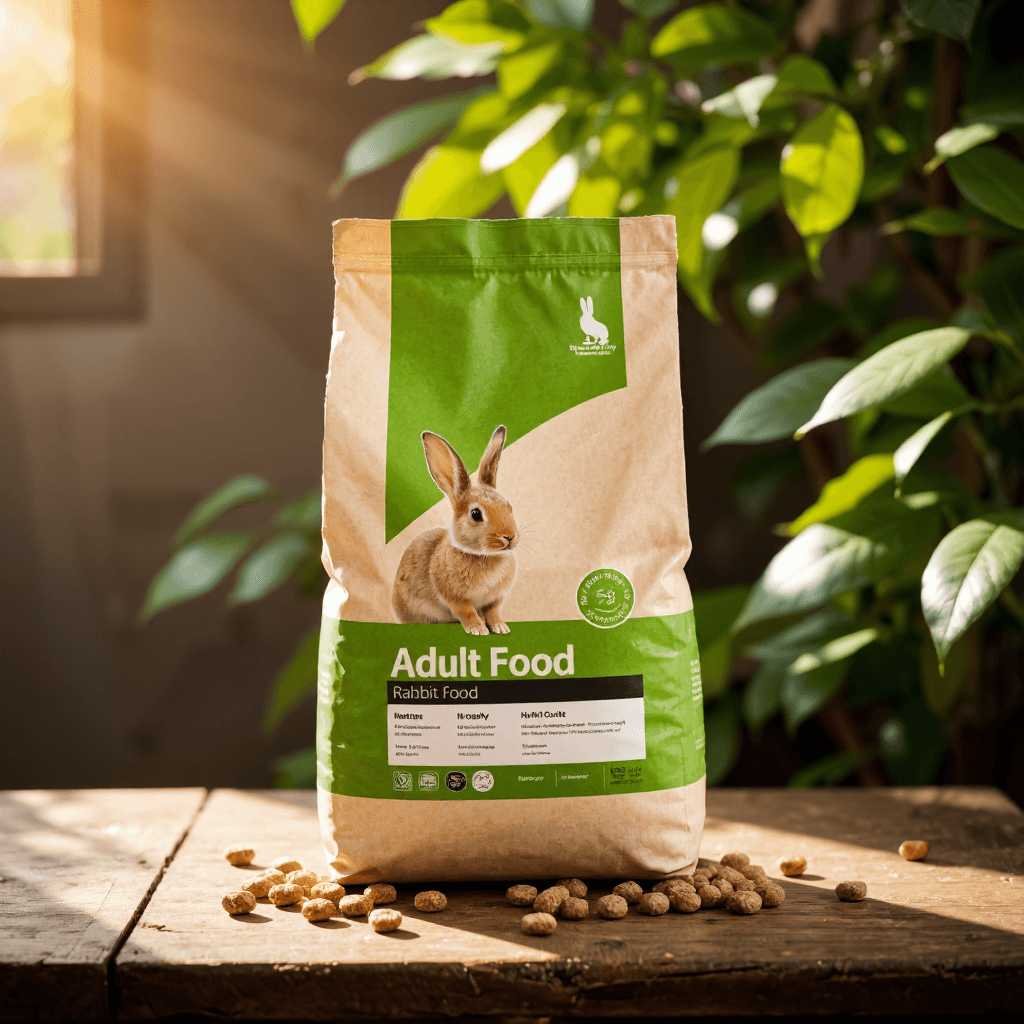 product photography of a bag of adult rabbit food, formulated for adult rabbits