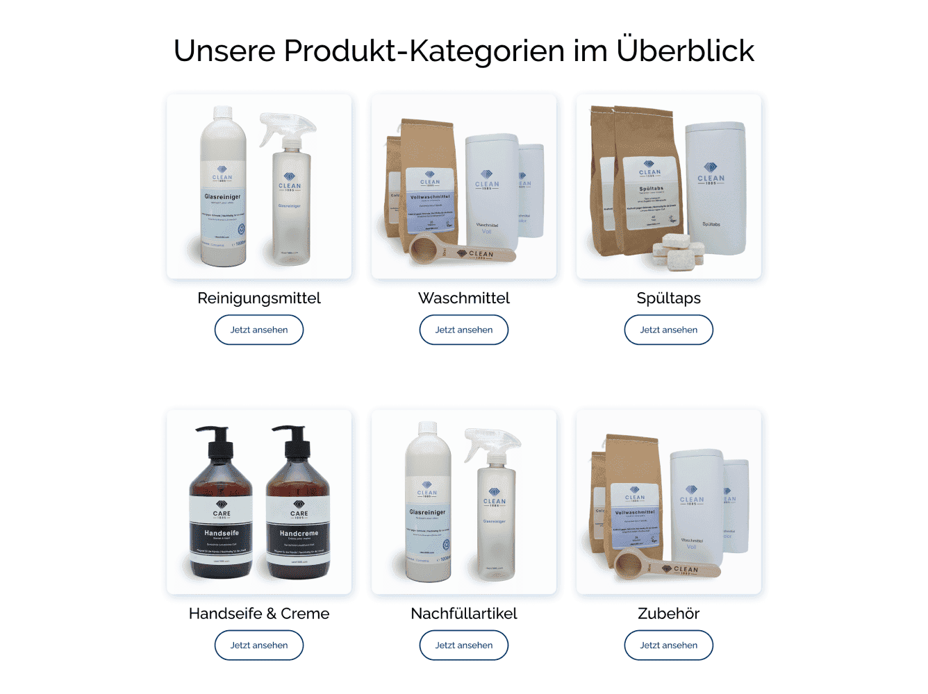 Clean 1885 product category grid showing six categories: Reinigungsmittel, Waschmittel, Spültabs, Handseife and Creme, Nachfüllartikel, and Zubehör, each with a product photo and a "Jetzt ansehen" button