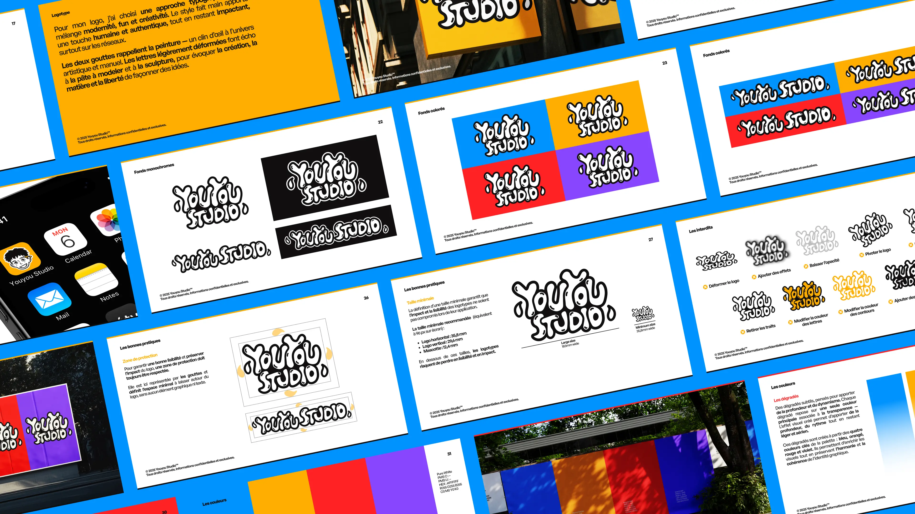 Montage de plusieurs pages de la charte graphique de Youyou Studio, présentant le logo dessiné à la main dans différents styles (monochrome, coloré), des exemples d’utilisation, des interdits, des bonnes pratiques, des planches couleurs et des mockups d’affichage. L’ensemble est disposé en grille inclinée sur un fond bleu.