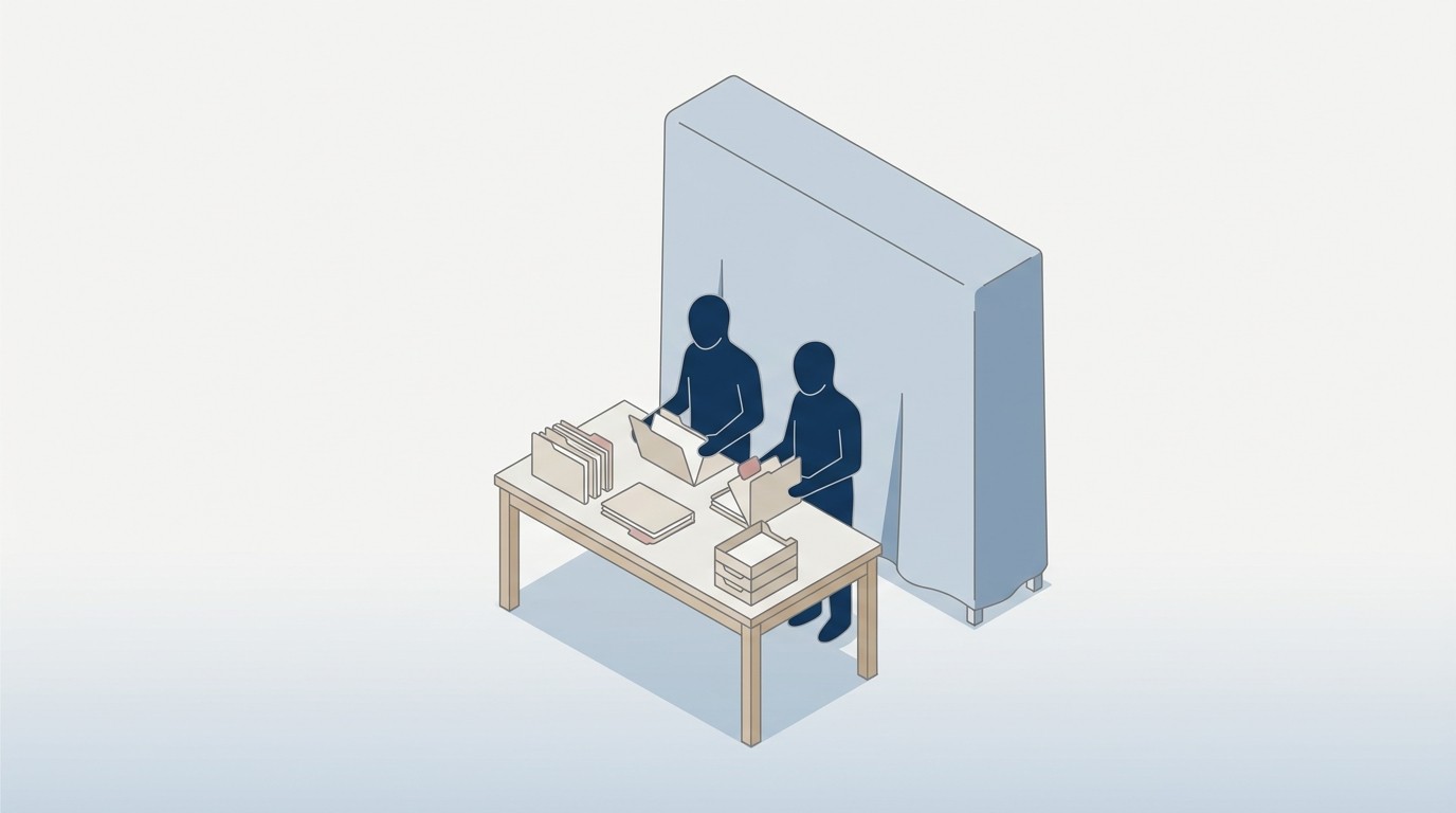 Isometrische Illustration eines Arbeitsplatzes im Aktenlager vor einer vollständig verhüllten Regalwand: unausgewerteter Bestand bleibt unsichtbar.