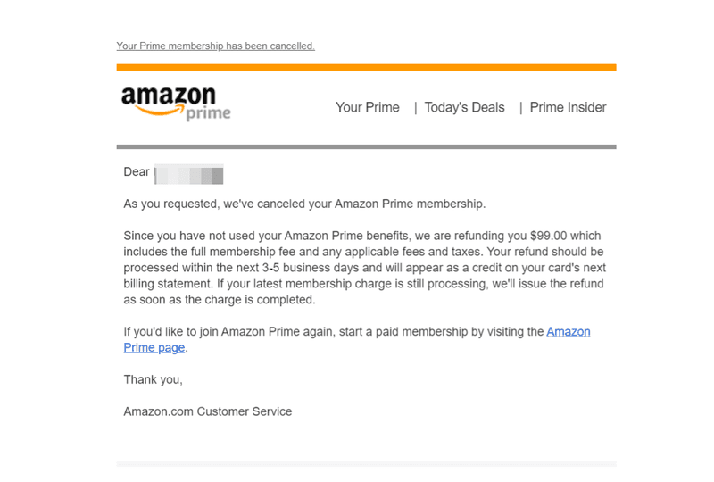 email confirming cancellation and refund of the Amazon Prime subscription