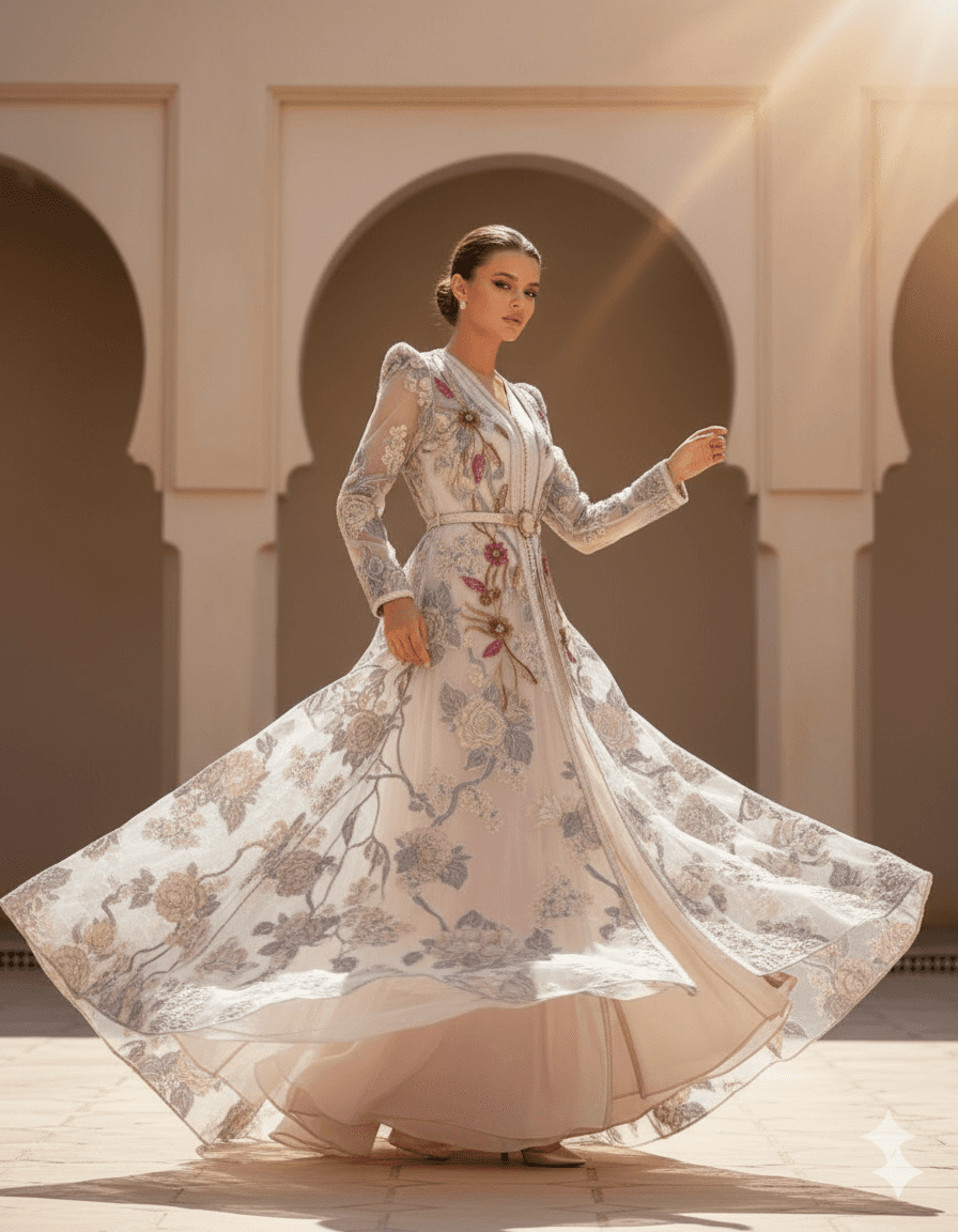 A soft blush-toned caftan adorned with delicate floral embroidery. A refined piece embodying femininity and understated luxury.