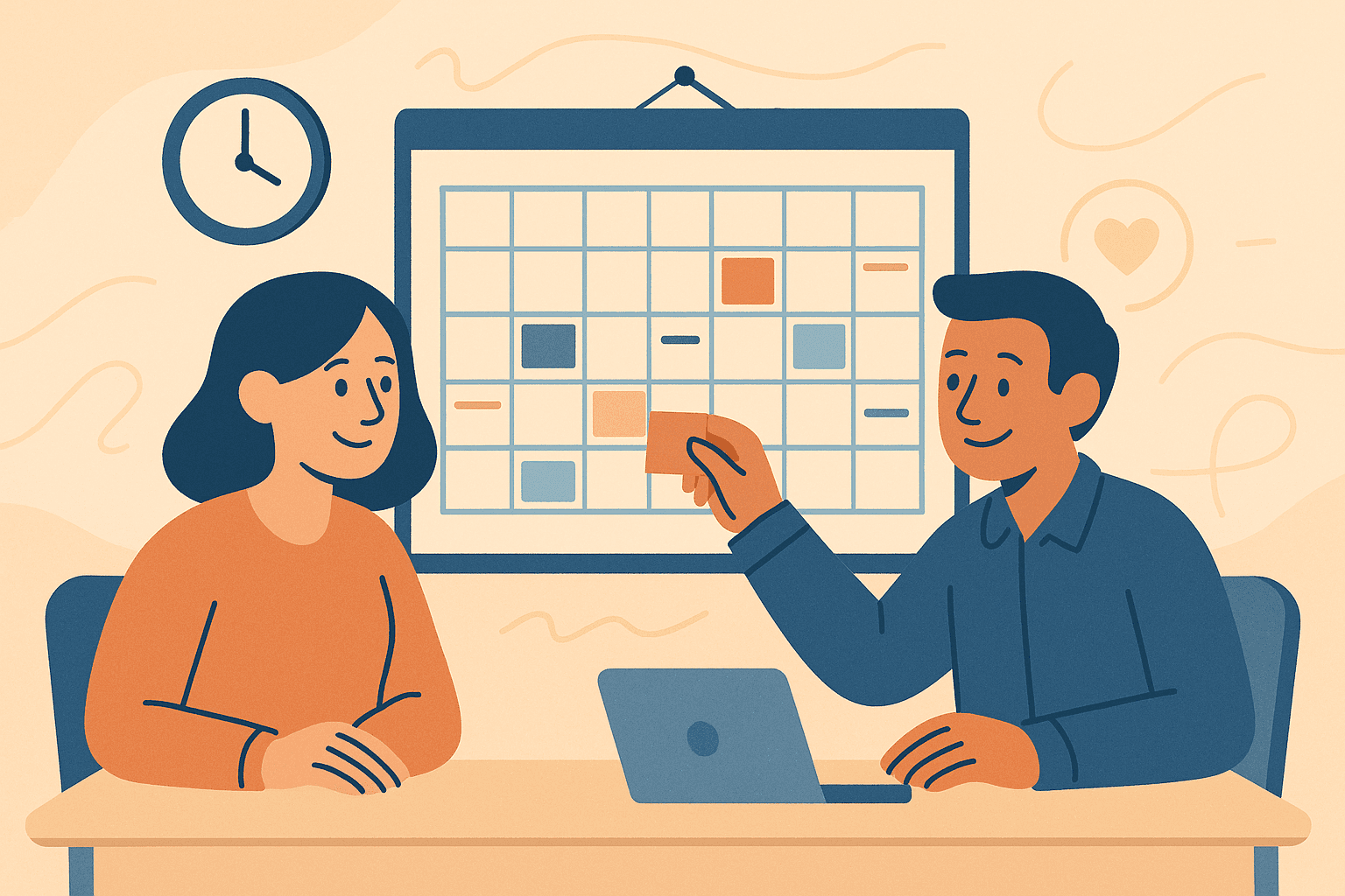 Two nonprofit team members organize volunteer schedules on a shared calendar in a calm, friendly workspace.