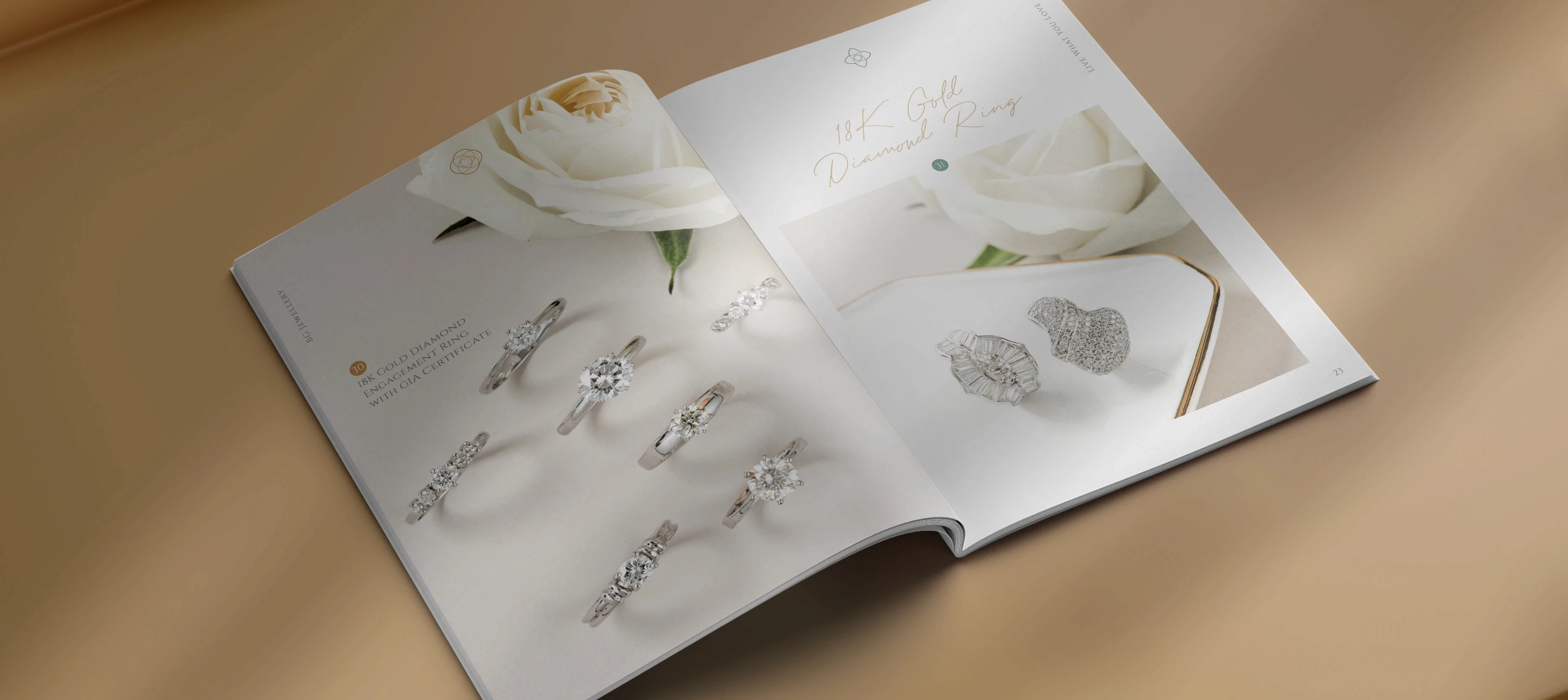 BG Jewellery brochure interior – open pages with high-quality pearl and diamond jewellery photography in refined green-gold palette by Teatime Studio
