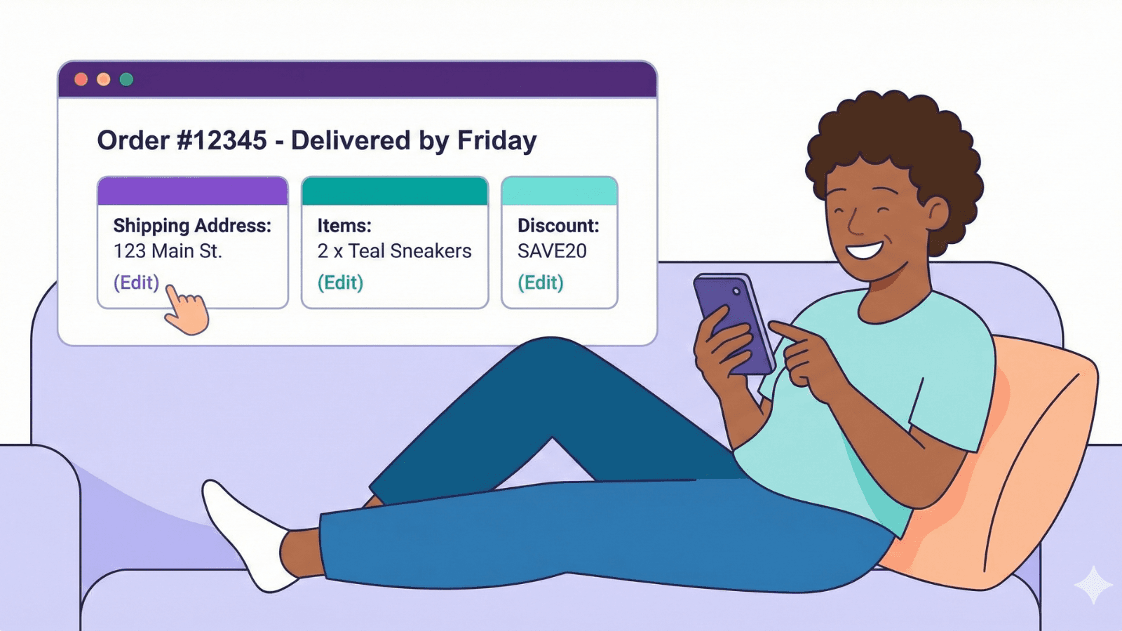 A smiling person relaxes on a couch while using their phone, looking at an order-tracking screen that shows Order #12345 with editable sections for shipping address, items, and discount, illustrating easy self-service order updates.