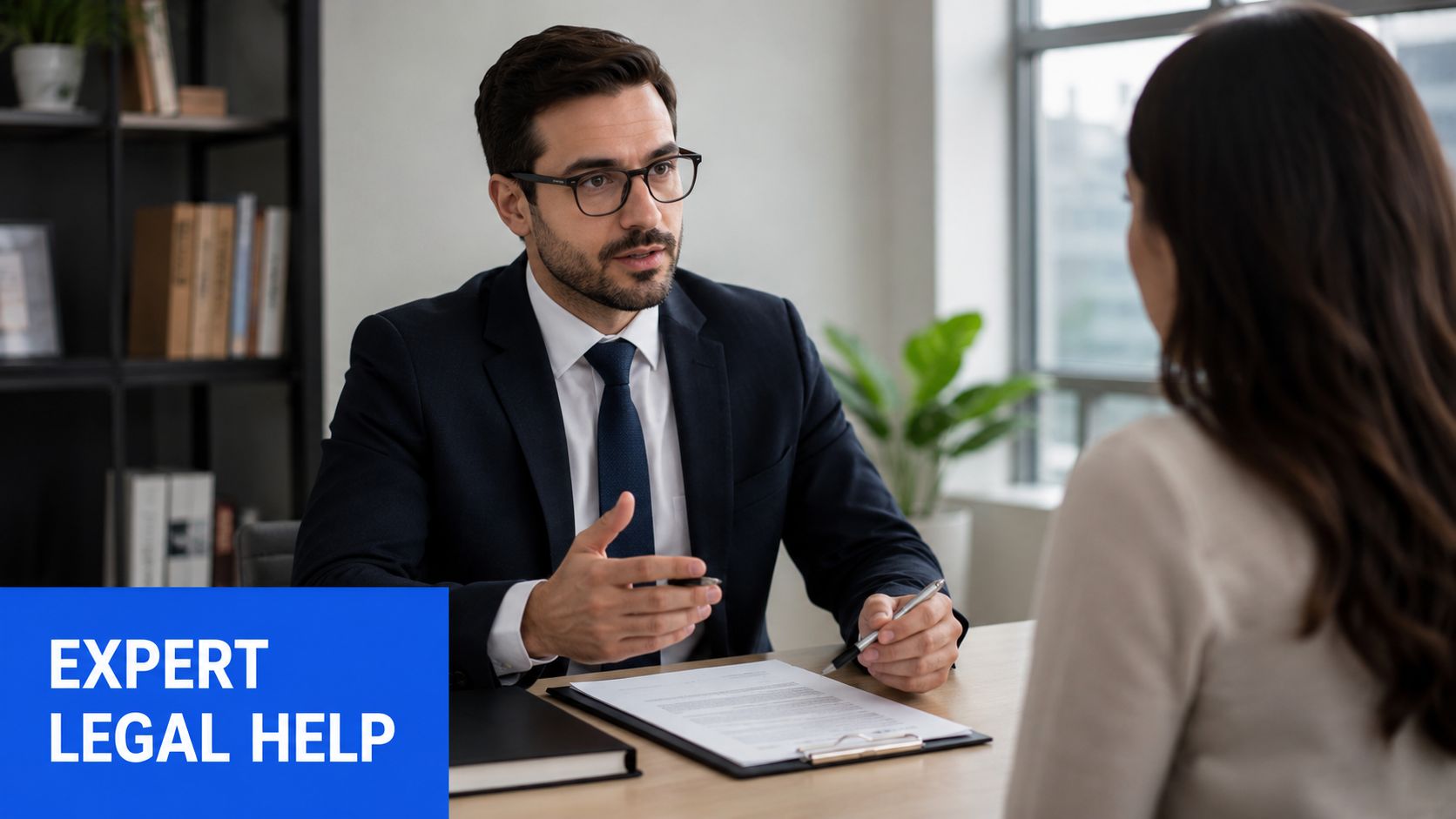 A professional male attorney in a suit sitting at a desk consulting with a female client.