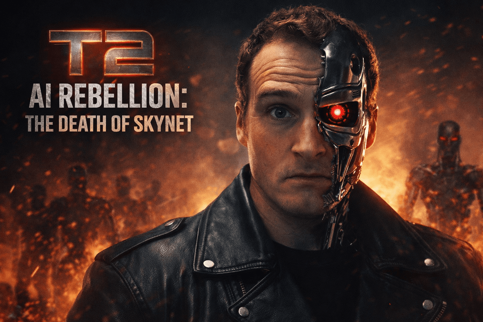 Cinematic landscape image of Duncan Rooney styled as a human-machine hybrid with a glowing red cybernetic eye, wearing a black leather jacket, symbolising the AI rebellion and the end of Skynet in marketing.