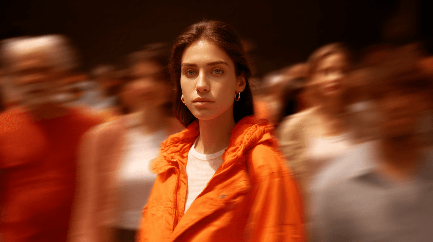 Orange jacket women standing street motion blur portrait