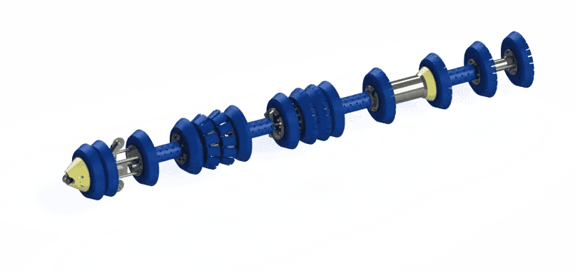 3D-rendered blueprint of a mechanical device with blue cylindrical components and yellow accents, strung in a linear form.