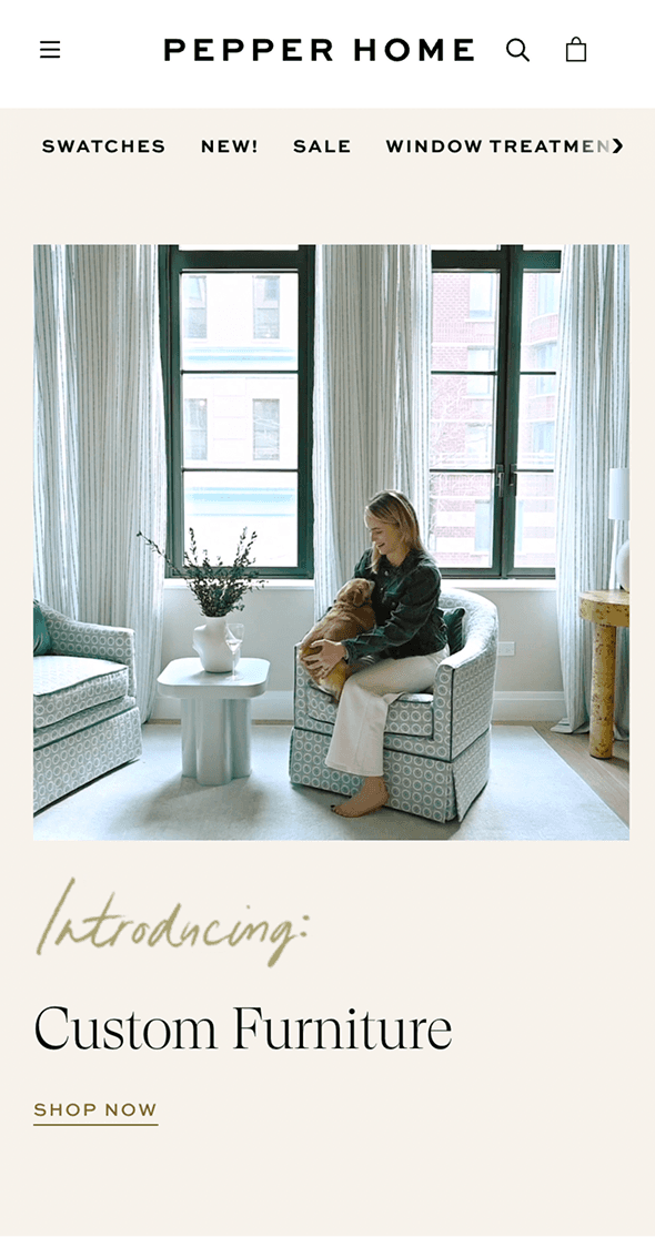 Mobile Shopify homepage for Pepper Home highlighting custom furniture and interior inspiration