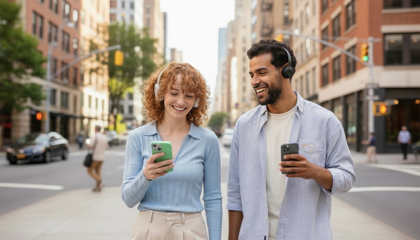 woman holding a phone and man looking at the phone. both are smiling