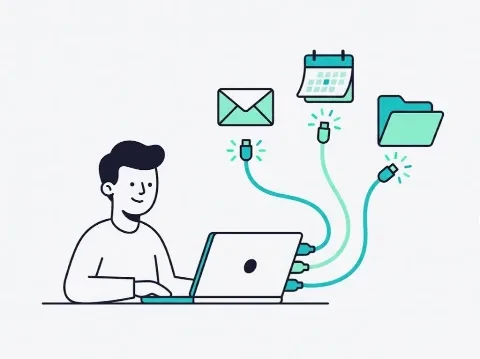 Illustration of a laptop plugged into email, calendar and files