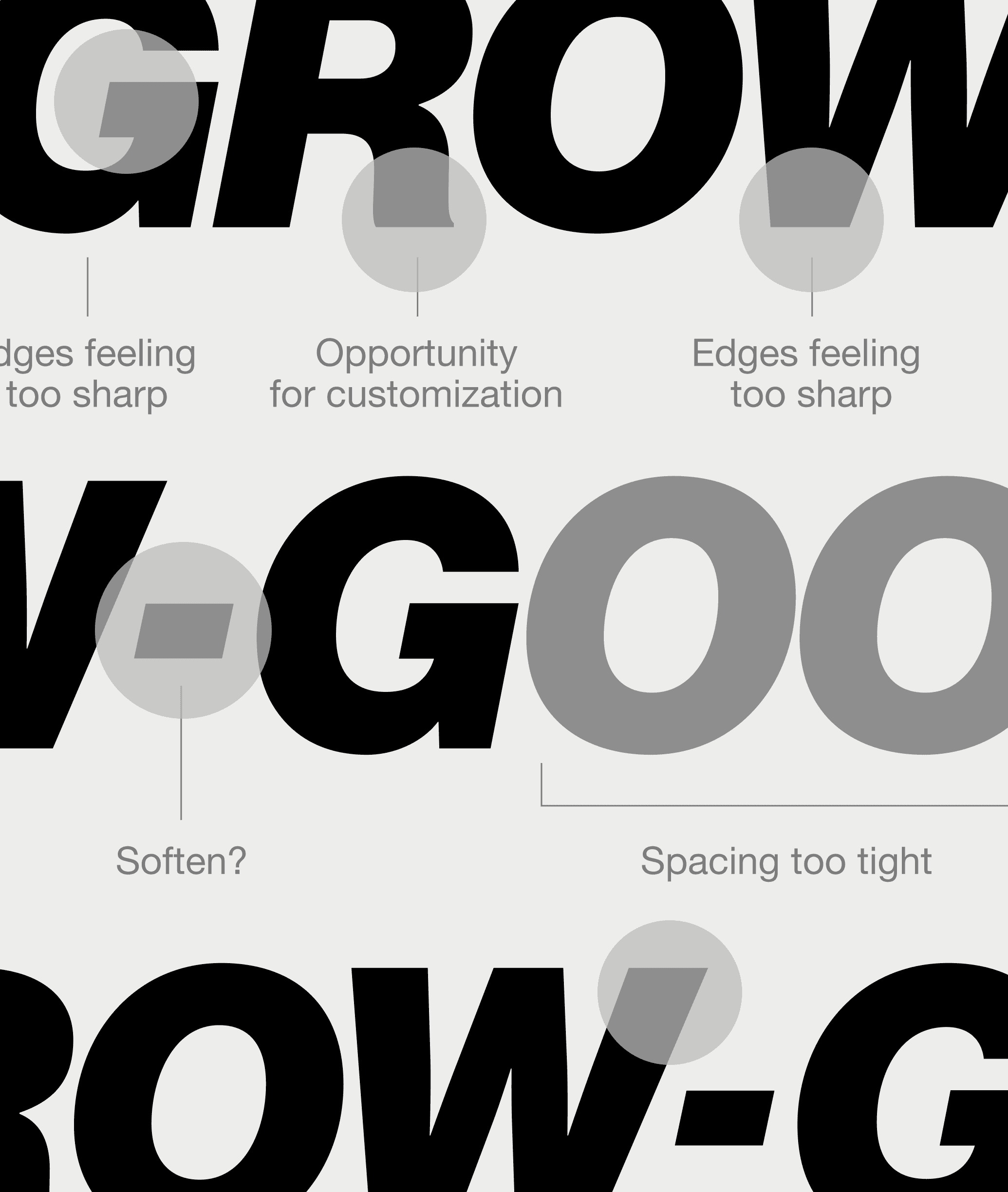 Grow-Good wordmark type exploration showing spacing and weight refinements during identity development