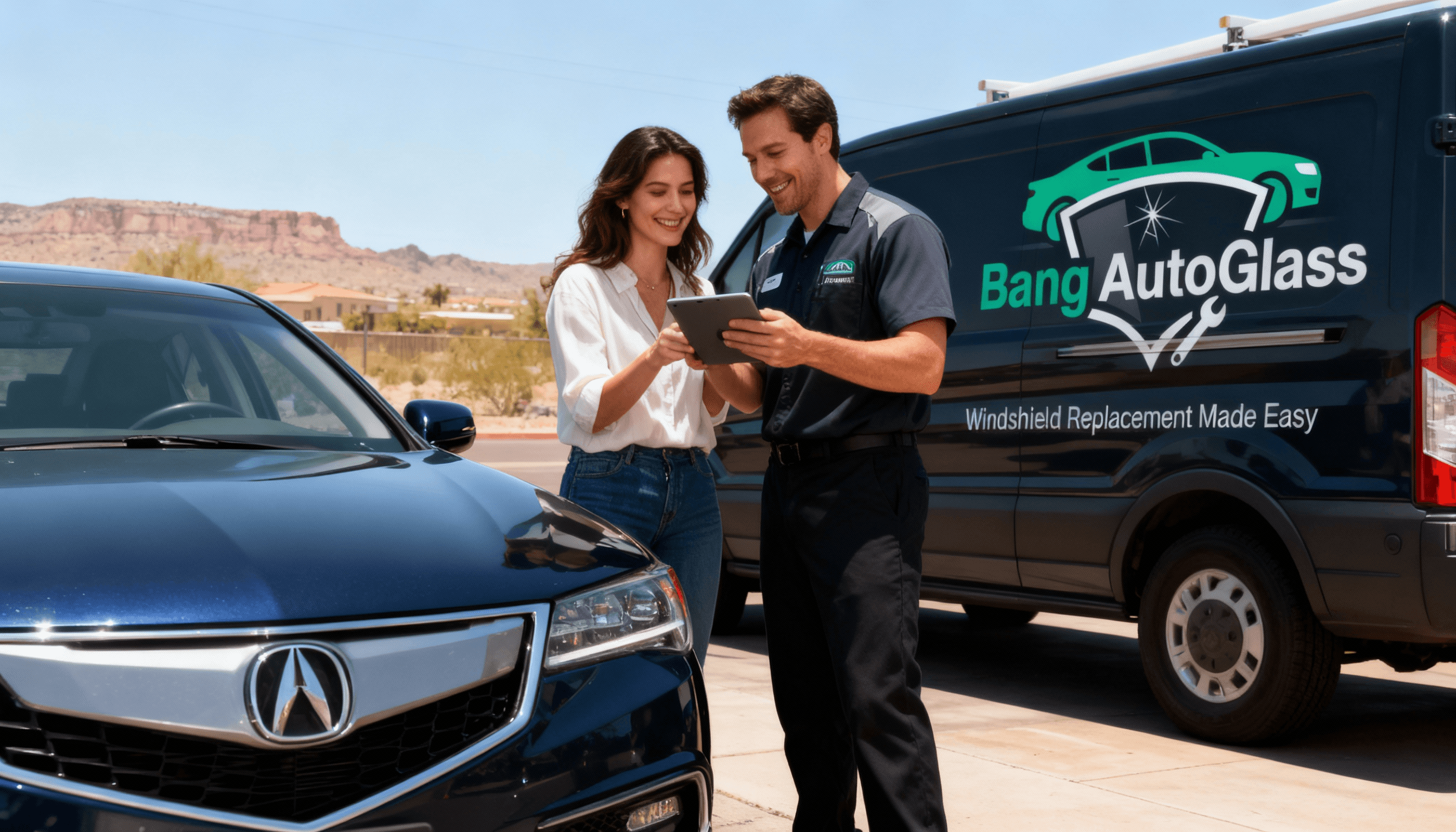 Certified mobile auto glass technician replacing a cracked windshield at a homeowner’s driveway in Arizona.