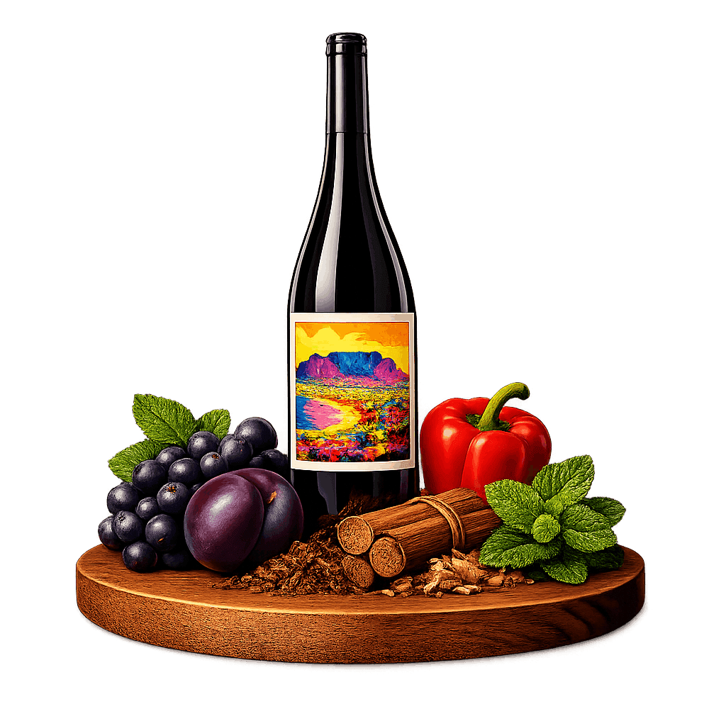 Artistic label and flavor profile for South African Bordeaux Blend on a rustic wooden table.