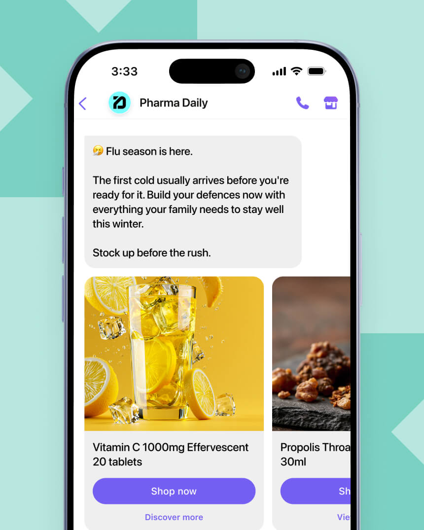 Viber messaging campaign showcasing a personalized, seasonal product recommendation message from a pharmacy and wellness e-commerce store.