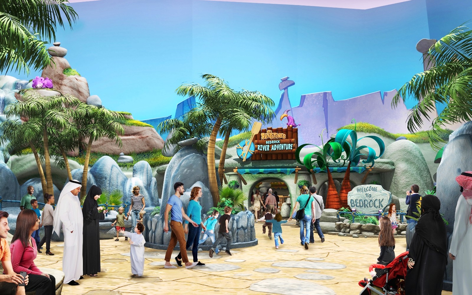 Visitors exploring Warner Bros. Bedrock River Adventure in Abu Dhabi.