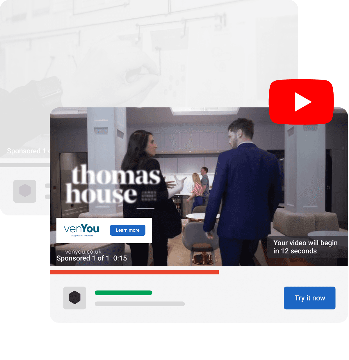 YouTube video ad featuring an advertisement for Thomas House by VenYou, with a 'Learn more' button and a countdown timer before the main video begins