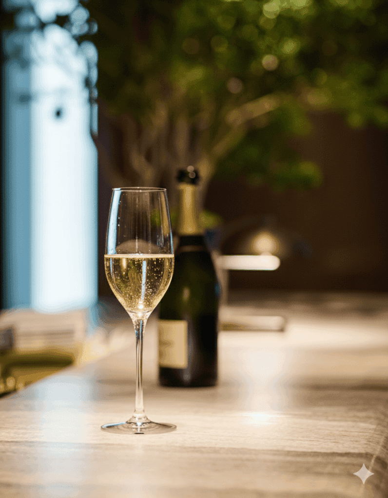 A glass of champagne filled with bubbly liquid, positioned on a wooden surface, with a bottle of champagne in the background and soft lighting.