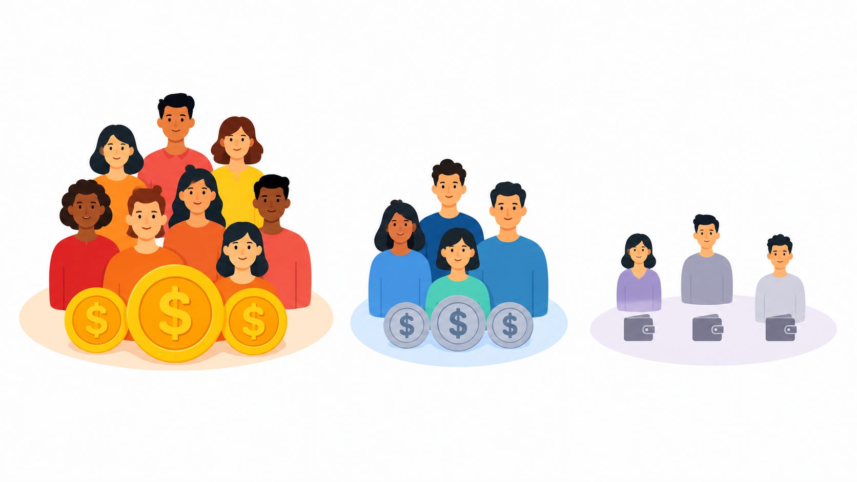 Ilustración que muestra tres grupos de personas con diferentes niveles de recursos financieros y billeteras.