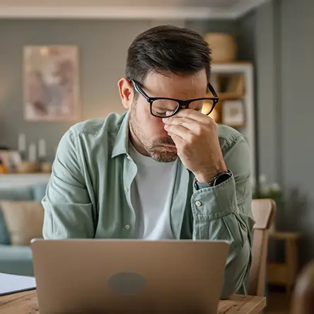 Man at desk struggling with headache.