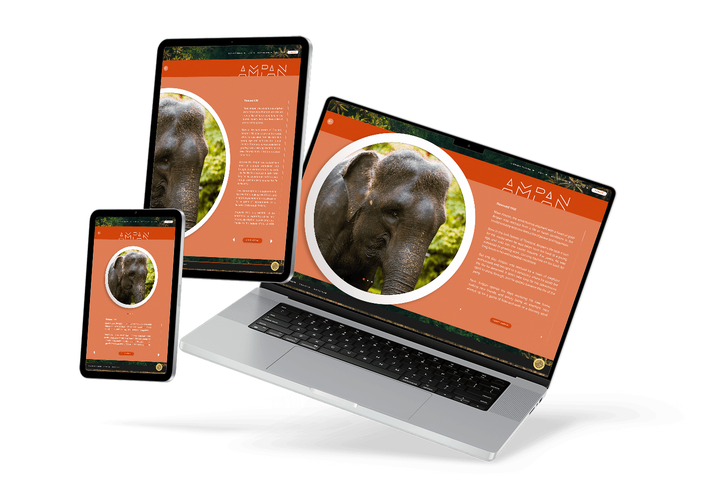 A laptop, phone, and tablet showcase a responsive website for the Asian Elephant Rescue, promoting responsible elephant encounters.