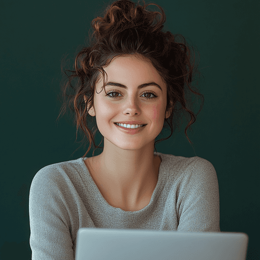 Smiling young woman with curly hair sitting at a laptop, in front of a teal wall.