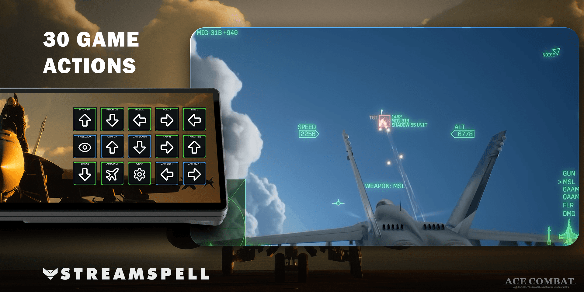 ACE COMBAT 8 gameplay beside the XENEON EDGE profile and selected touch controls