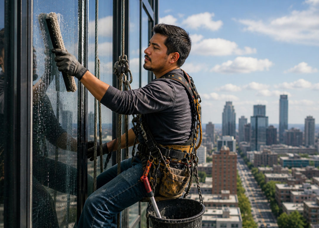 Trabajador latino limpiando ventanas en edificio alto, representando casos de explotación laboral y abuso laboral elegibles para Visa T en Estados Unidos