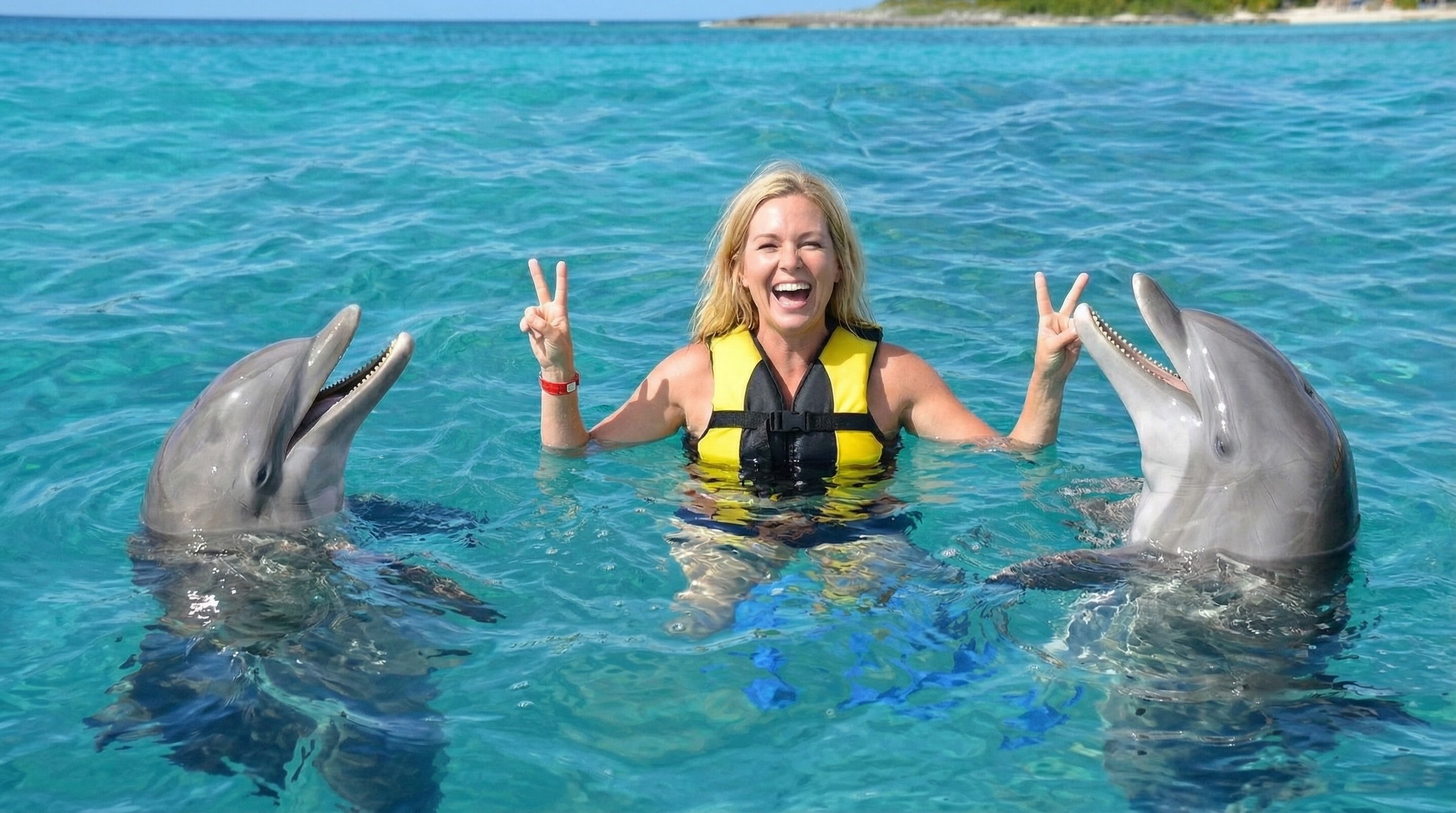 Happy woman makes peace signs with two dolphins in clear blue water.