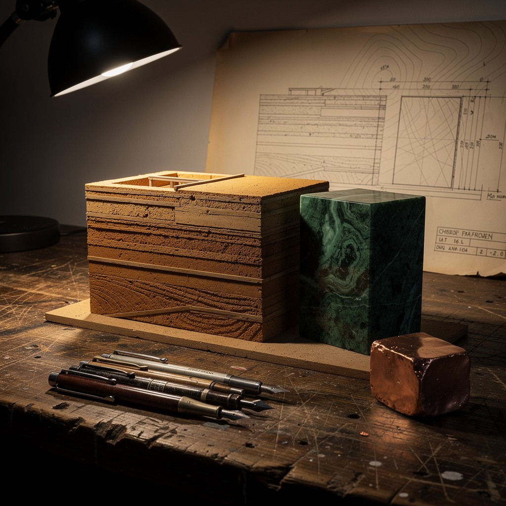 Architectural scale model made of layered earth and stone materials on a worn wooden desk, accompanied by drafting pens and technical blueprints, under warm lamp light