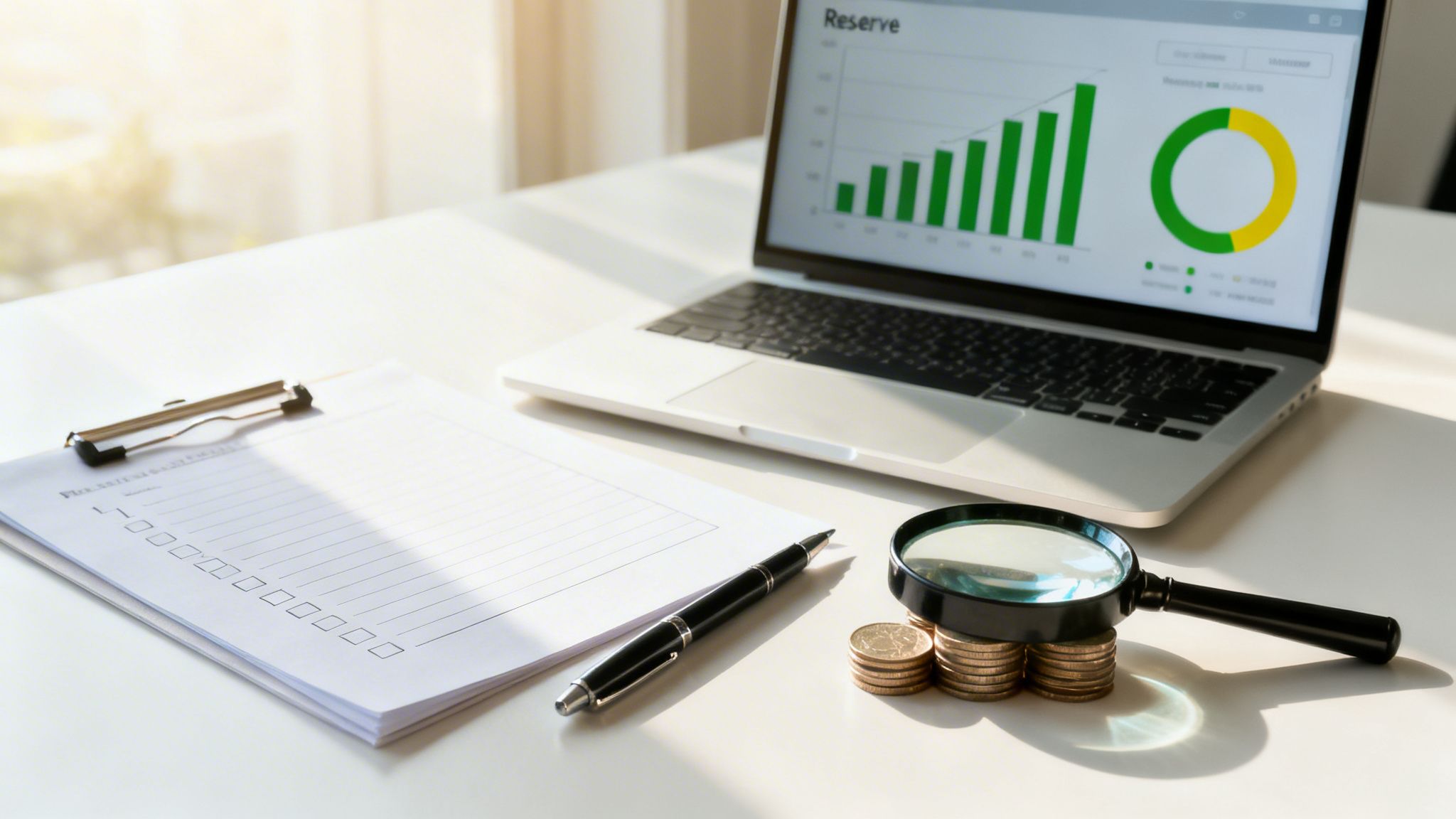 Financial planning setup with laptop showing charts, clipboard, pen, magnifying glass, and coins on a white desk.
