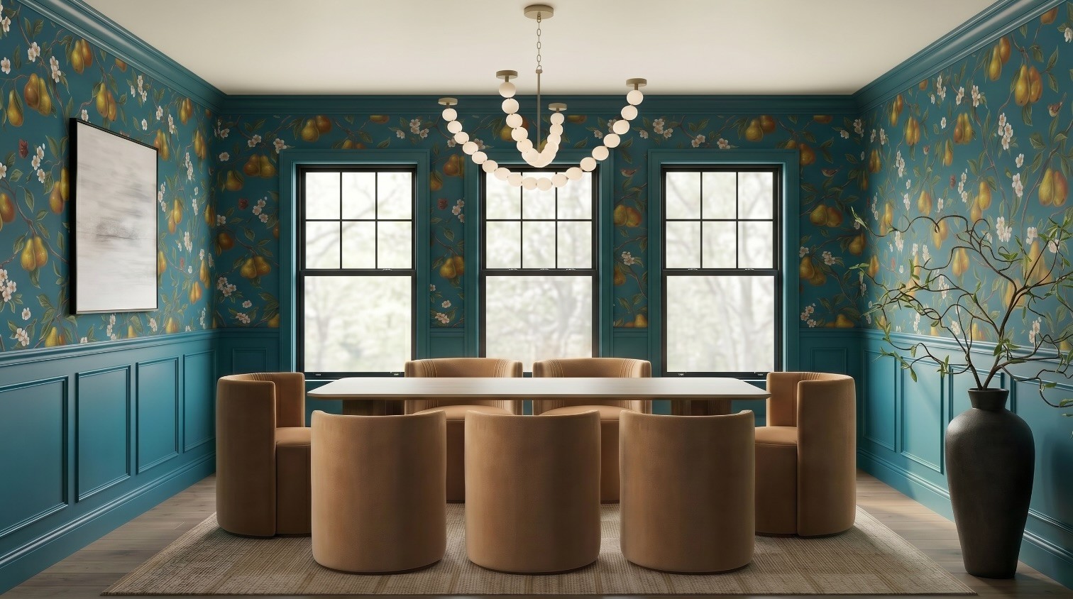 Third AI render after swapping in the correct black branch vase, now placed in the wrong corner of the dining room