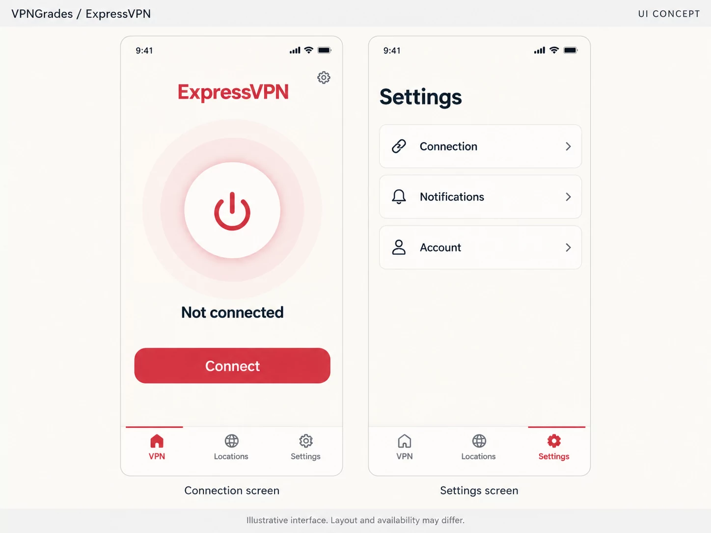 ExpressVPN: two illustrative mobile app screens (illustration).