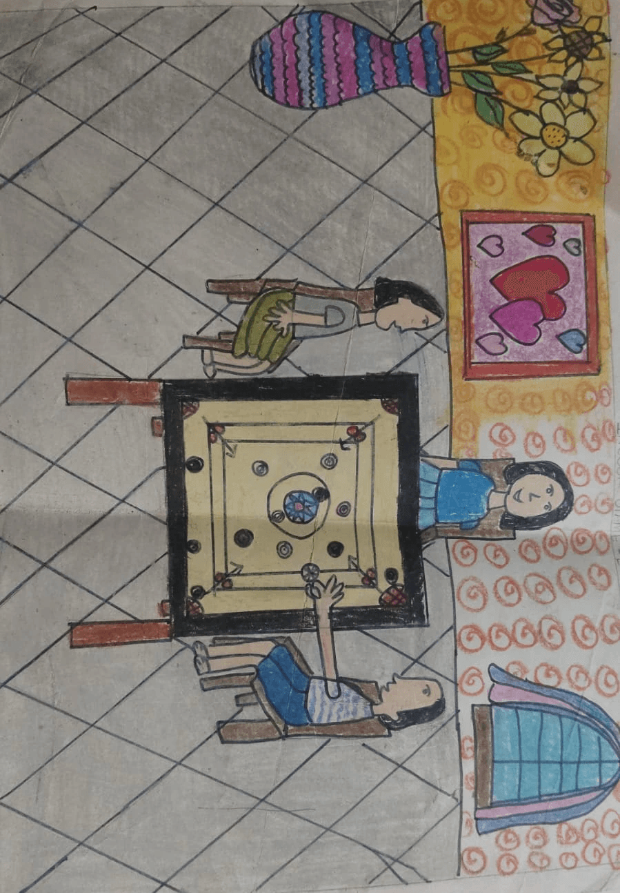 A drawing of children playing carrom.