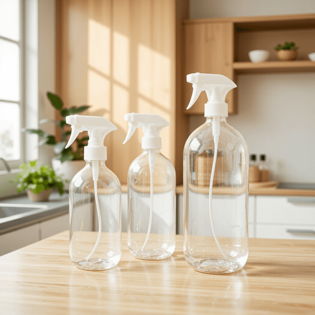 product photography of set of spray bottles for liquids