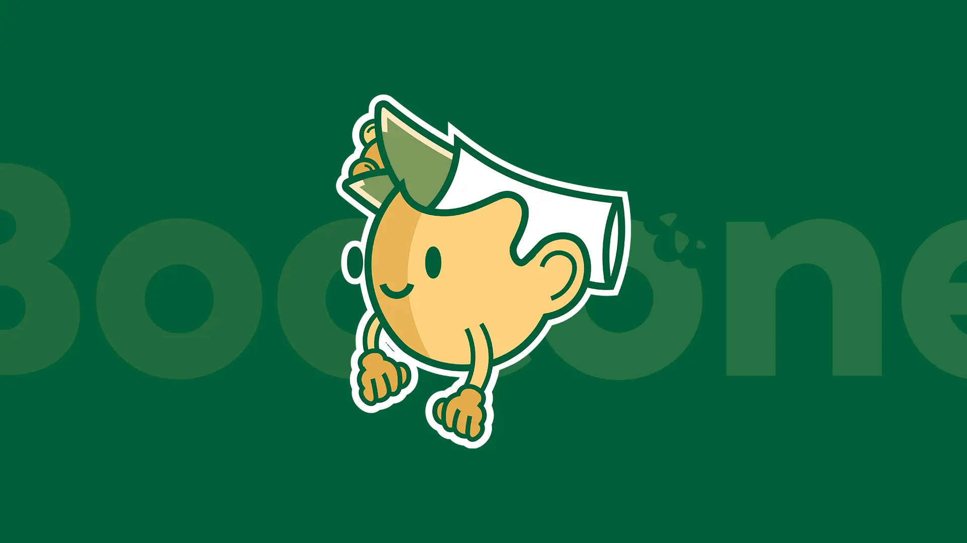 Boccone Café mascot illustration featuring a cheerful yellow character with a green hat on a solid green background