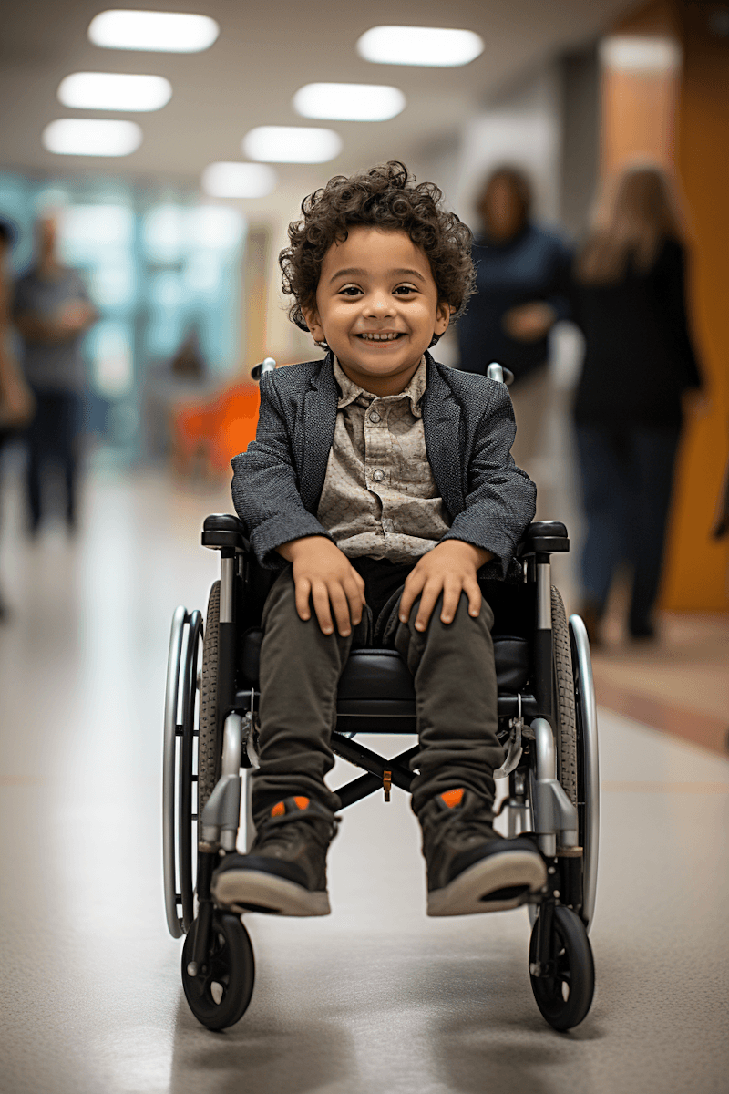 Smiling little boy in wheelchair