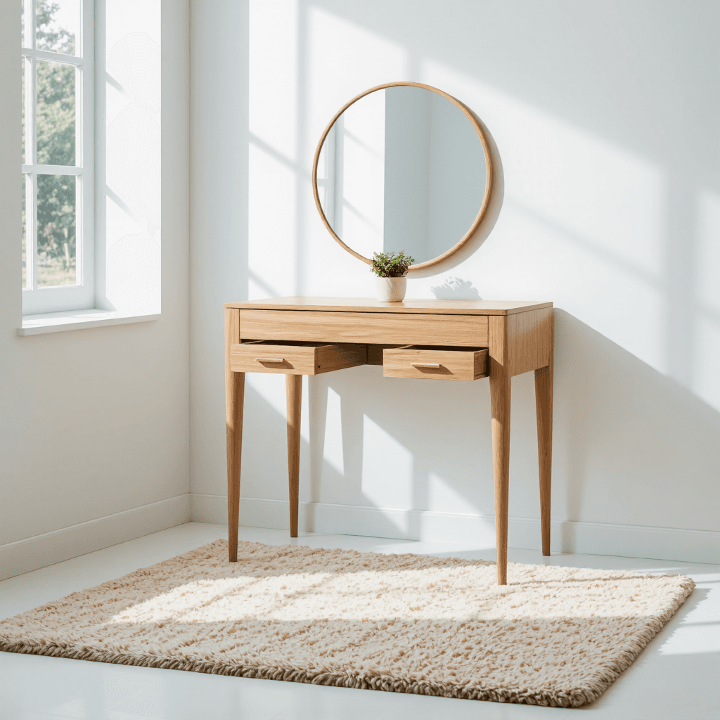 product photography of a vanity set with a mirror and storage drawers