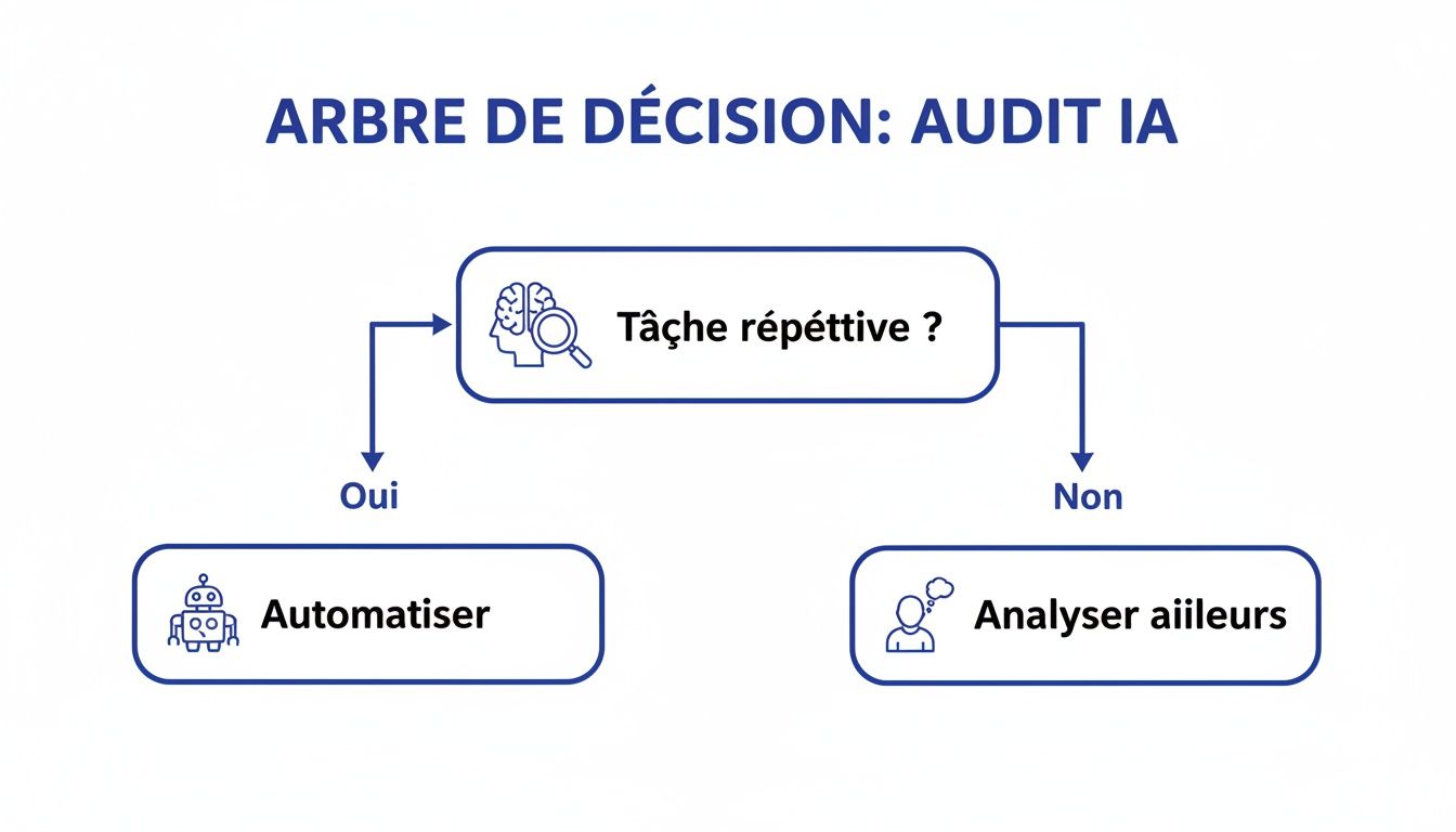 Arbre de décision simple pour l'audit IA, indiquant d'automatiser les tâches répétitives ou d'analyser autrement.