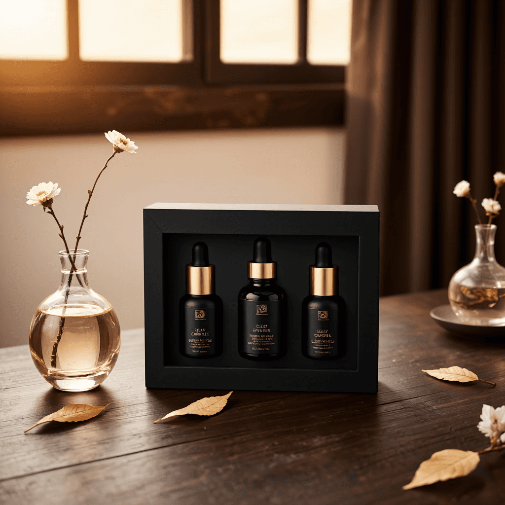 product photography of premium gift set box containing three bottles of health supplement