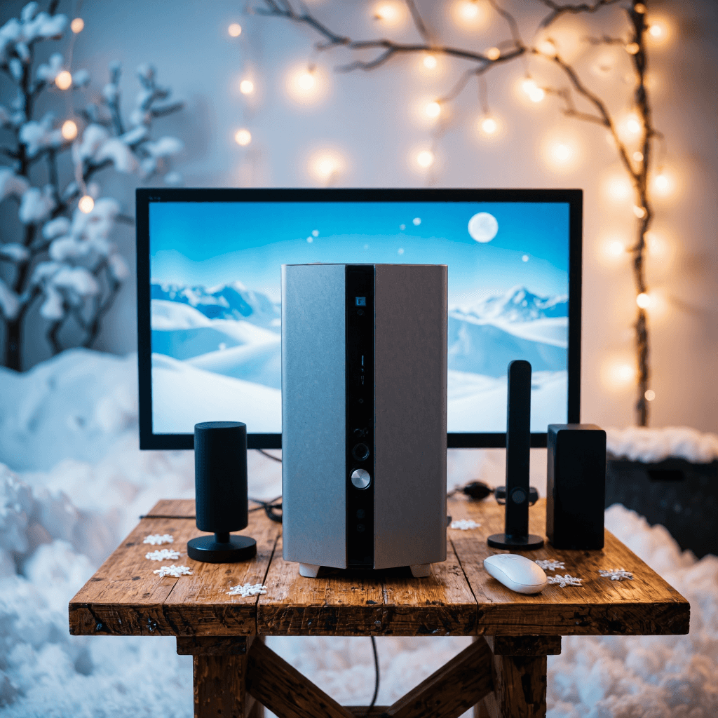 product photography of a desktop computer with a monitor and accessories