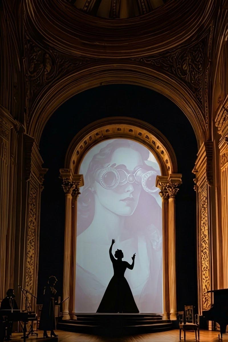 Siemens Opera Yarışması için tasarlanmış; görkemli ve loş bir opera sahnesinin merkezindeki yüksek bir kemerin önünde duran kadın opera sanatçısı silueti, arkadaki dairesel ekrana yansıtılmış vintage gözlüklü/dürbünlü kadın illüstrasyonu ve sahnenin sağında yer alan kuyruklu piyano ile kurgulanmış, dramatik ve sanatsal atmosferli arka plan görseli.